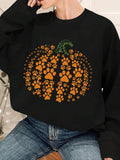 Women'WB shield Paw & Pumpkin Print Drop Shoulder Sweatshirt, Casual Long Sleeve Round Neck Pullover for Fall & Winter,...