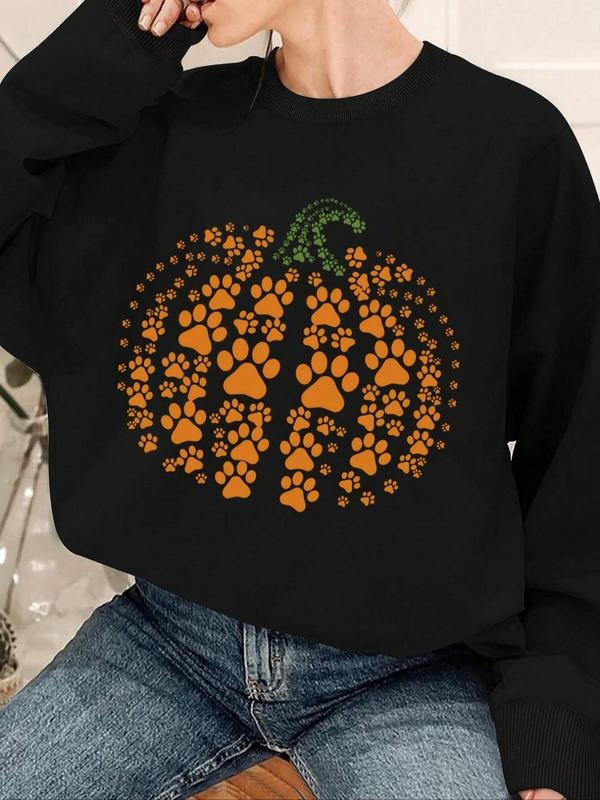 Women'WB shield Paw & Pumpkin Print Drop Shoulder Sweatshirt, Casual Long Sleeve Round Neck Pullover for Fall & Winter,...
