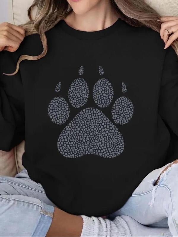Women'WB shield Paw Print Round Neck Pullover, Casual Long Sleeve Crew Neck Sweatshirt for Fall & Winter, Women'WB shield...