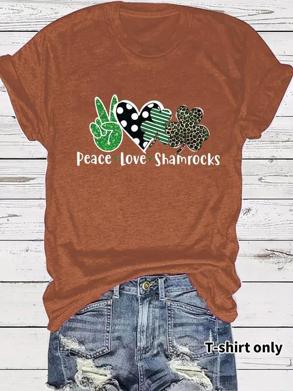 Women'WB shield Peace Love Shamrocks Print Round Neck Tee, Fashion Casual Short Sleeve T-shirt for Daily Wear, Ladies...