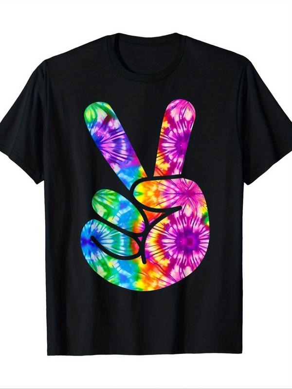 Women'WB shield Peace Sign Print Round Neck Tee, Fashion Casual Crew Neck T-Shirt for Daily Holiday Vacation Outdoor...