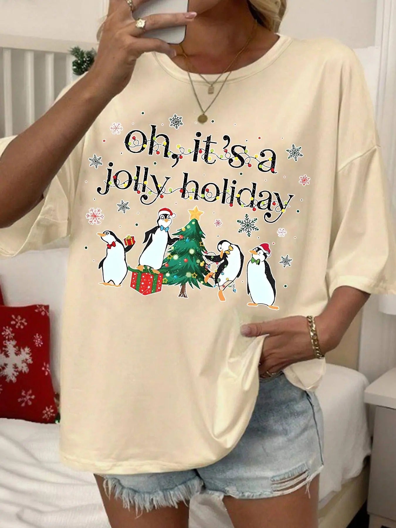 Women'WB shield Penguin & Letter Print Round Neck Tee, Casual Short Sleeve Crew Neck T-shirt for Fall & Winter, Women'WB...
