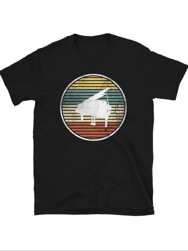 Women'WB shield Piano & Striped Print Round Neck Tee, Music Festival Essentials Outfit, Casual Short Sleeve Crew Neck...