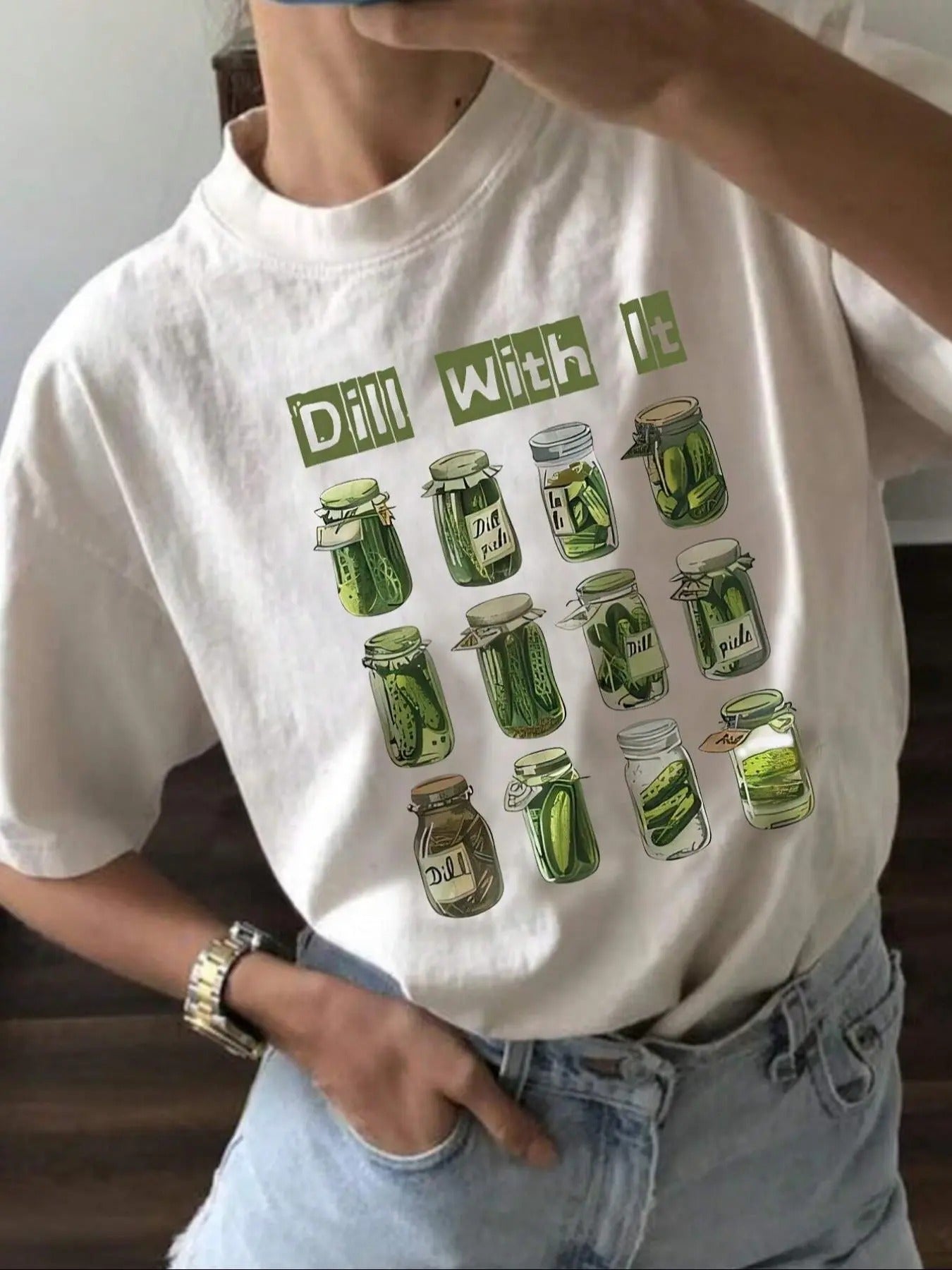 Women'WB shield Pickle Jar & Letter Print Round Neck Tee, Vintage Trendy Casual Graphic T-shirt for Daily Wear, Ladies...