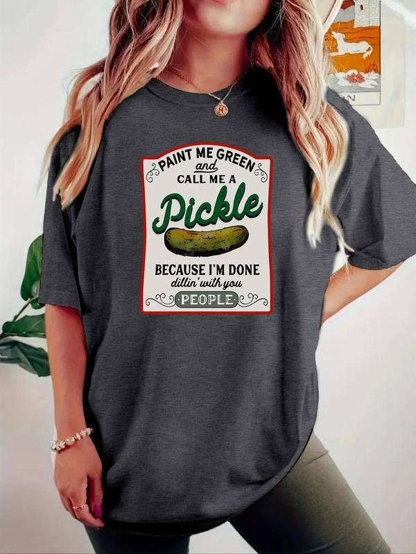Women'WB shield Pickle Pattern Round Neck Tee, Fashion Casual Letter Print Crew Neck T-Shirt for Daily Holiday Vacation...