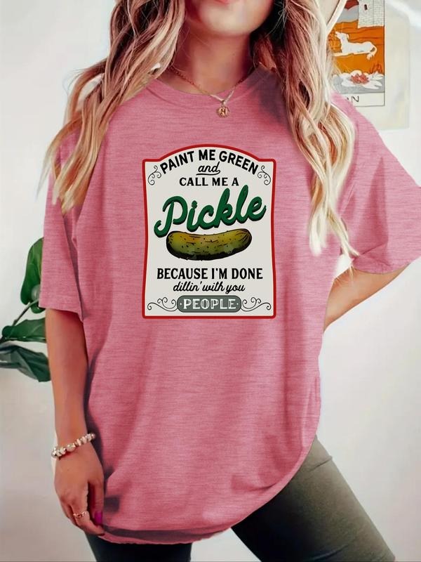 Women'WB shield Pickle Print Round Neck Tee, Fashion Casual Crew Neck T-shirt for Daily Holiday Vacation Outdoor Wear,...