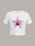 Women'WB shield Pink Lightsaber brand & Number Lightsaber brand Print Round Neck Crop Tee, Y2K Trendy Casual Short Sleeve...