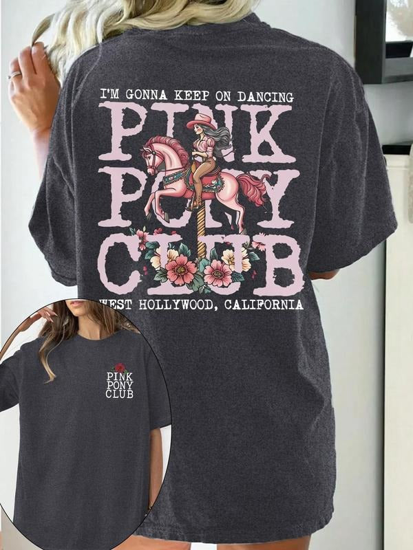 Women'WB shield Pink Pony Club Round Neck Graphic Tee, Fashion Casual Crewneck T-shirt for Daily Holiday Vacation Outdoor...