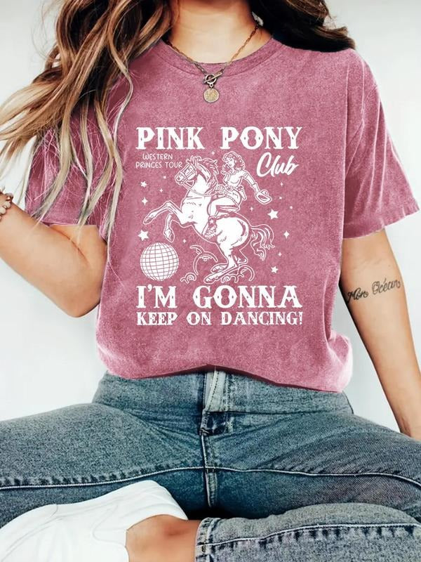 Women'WB shield Pink Pony Print Round Neck Graphic Tee, Vintage Trendy Casual Short Sleeve T-shirt for Daily Wear, Ladies...