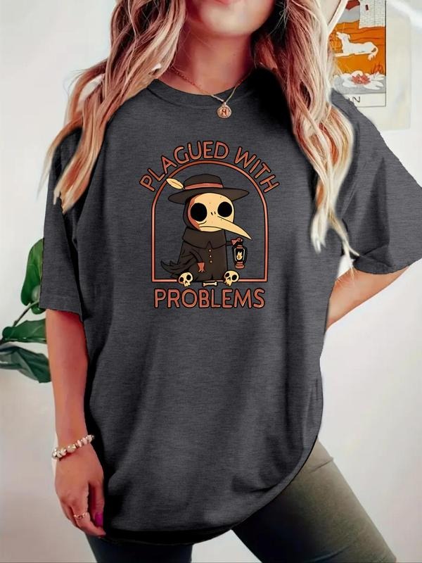 Women'WB shield Plague Doctor Print Round Neck Tee, Fashion Casual Short Sleeve T-shirt for Daily Wear, Ladies Summer...