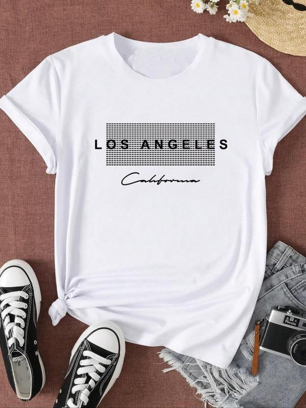 Women'WB shield Plaid & Letter Print Round Neck Tee, Trendy Casual Short Sleeve T-shirt for Daily Wear, Ladies Summer...