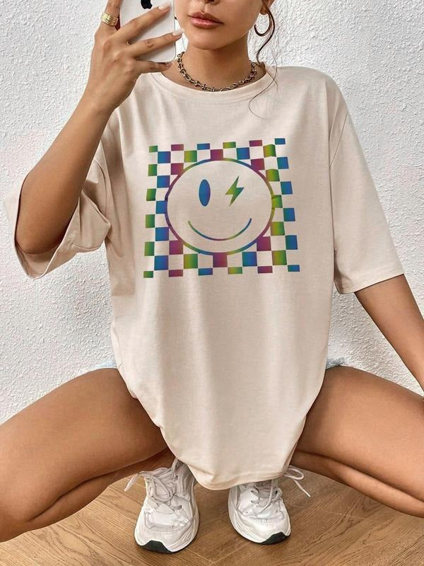 Women'WB shield Plaid & Smile TNF Round Neck Tee, Casual Drop Shoulder Half Sleeve T-shirt for Daily Wear, Ladies TNF for...