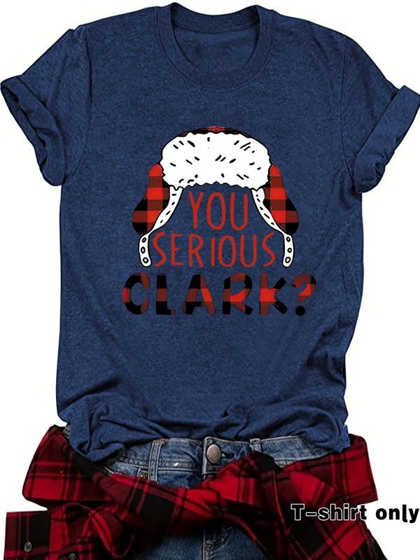 Women'WB shield Plaid Hat & Letter Print Round Neck Tee, Casual Fashion Short Sleeve T-shirt for Spring, Ladies TNF for...