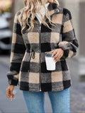 Women'WB shield Plaid Print Drawstring Zip Up Plush Coat, Casual Long Sleeve Collared Outerwear for Fall & Winter, Ladies...