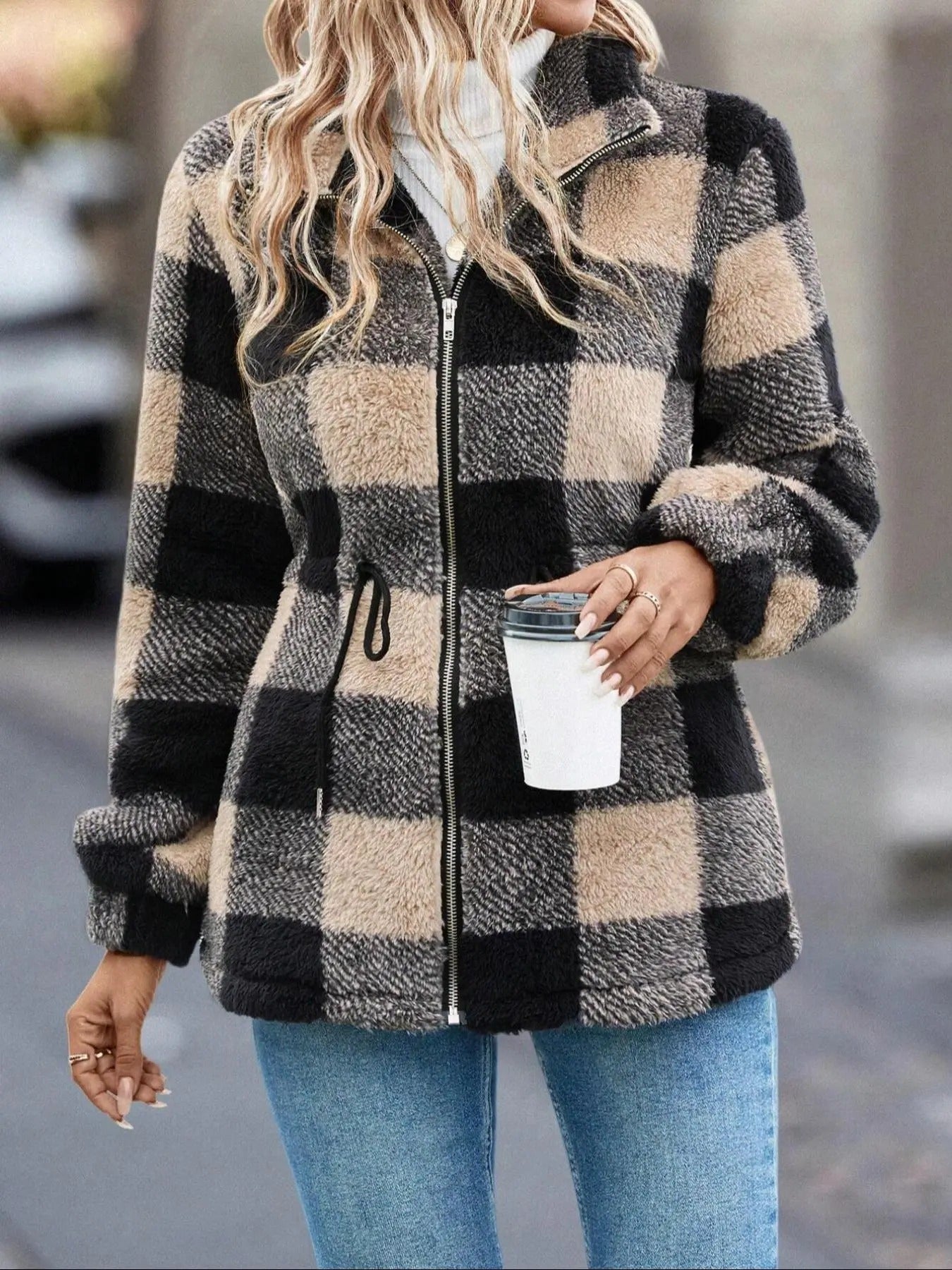 Women'WB shield Plaid Print Drawstring Zip Up Plush Coat, Casual Long Sleeve Collared Outerwear for Fall & Winter, Ladies...