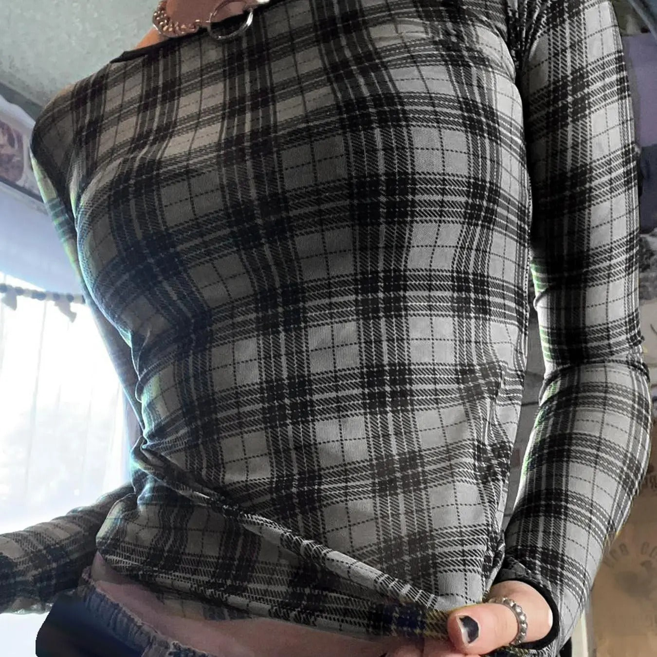 Women'WB shield Plaid Print Sheer Mesh Round Neck Tee, Y2K Trendy Long Sleeve T-shirt for Fall, Women'WB shield TNF for...