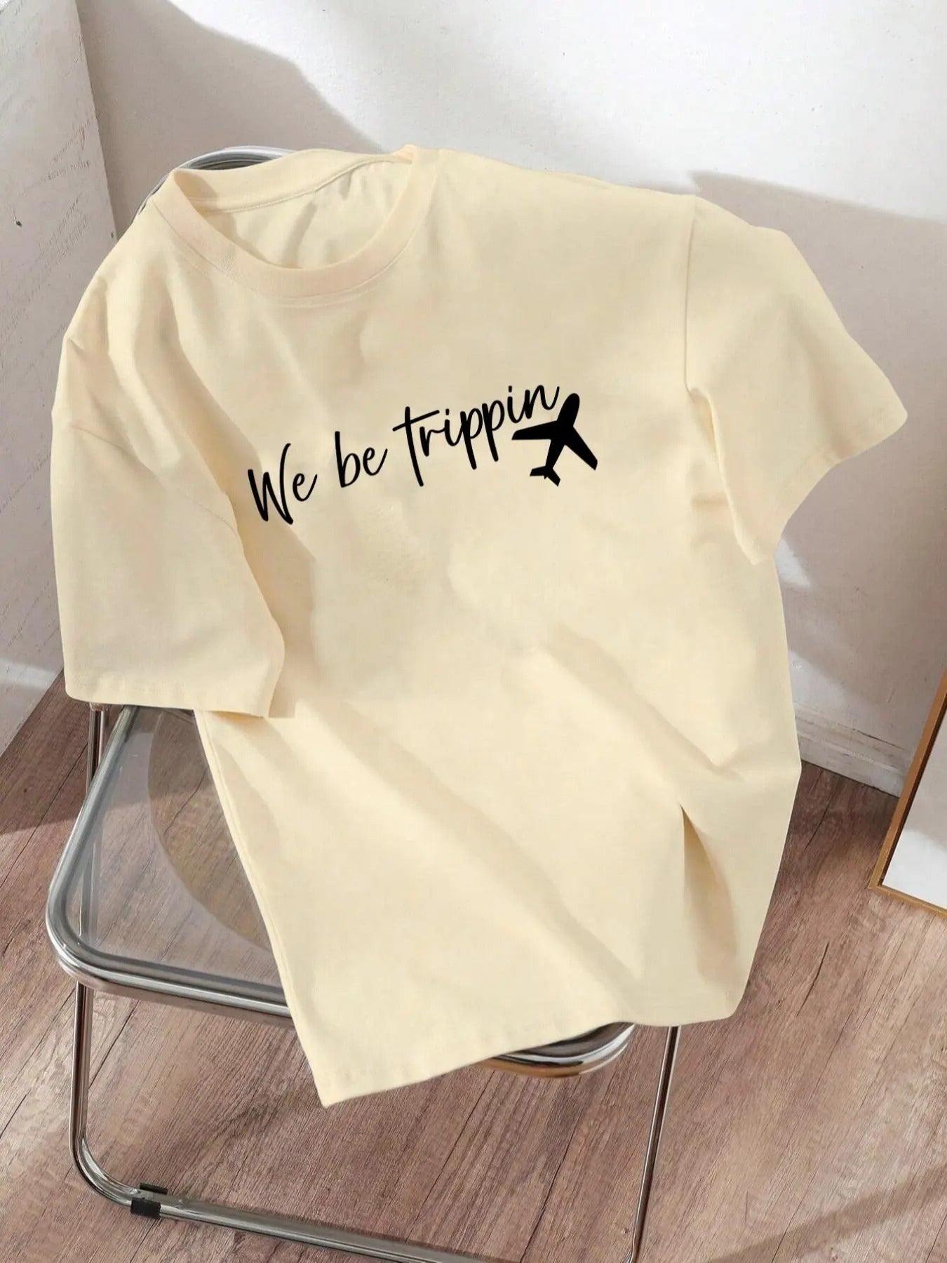 Women'WB shield Plane & Letter Print Round Neck Tee, Fashion Casual Crew Neck Short Sleeve T-shirt for Daily Holiday...