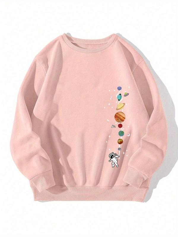 Women'WB shield Planet & Astronaut Print Drop Shoulder Sweatshirt, Casual Long Sleeve Round Neck Pullover for Fall &...