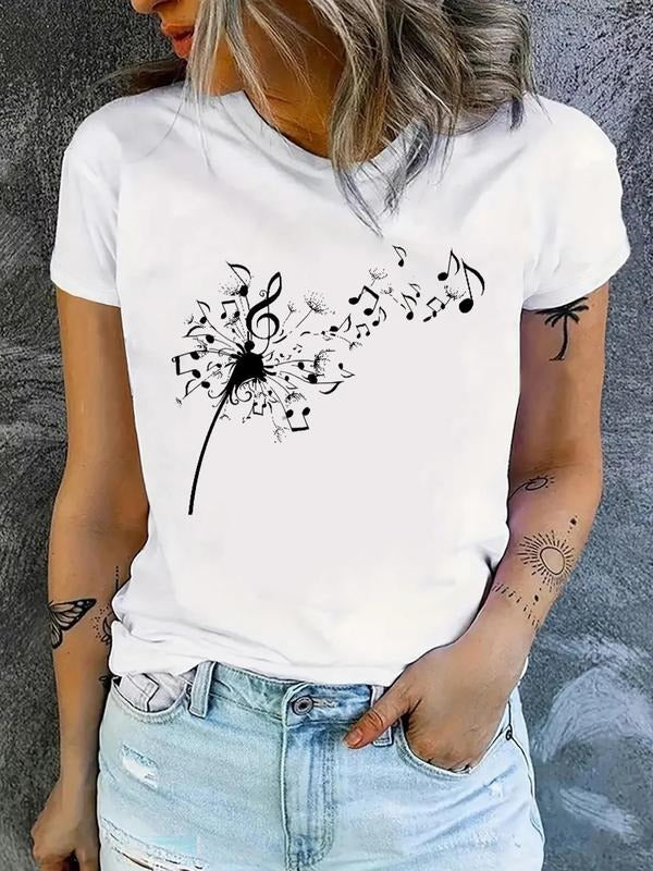Women'WB shield Plants & Music Note Print Round Neck Tee, Casual Short Sleeve Crew Neck T-shirt for Daily Wear, Ladies...