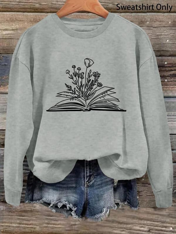 Women'WB shield Plants Print Drop Shoulder Sweatshirt, Casual Book Print Long Sleeve Round Neck Pullover For Daily Wear,...