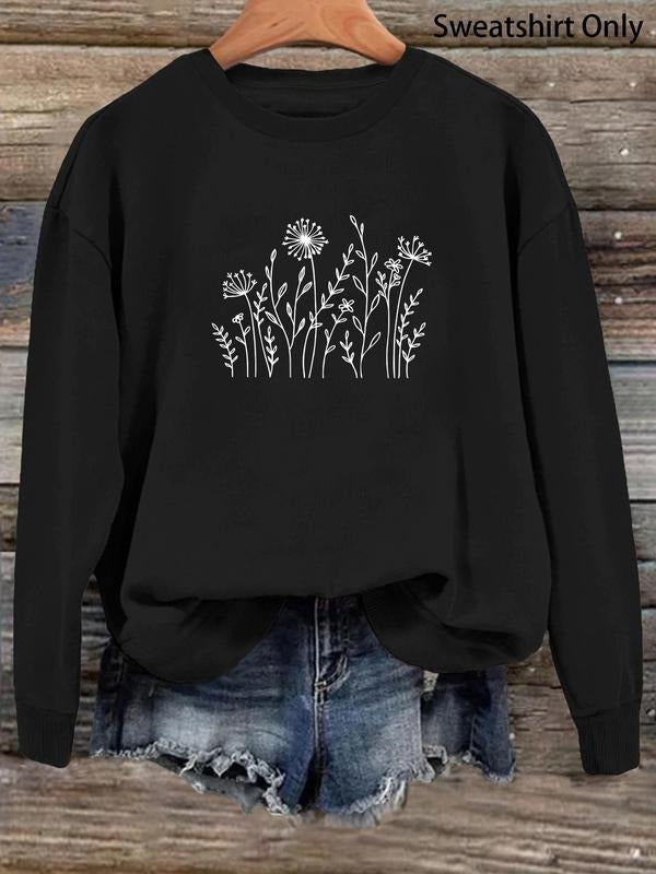 Women'WB shield Plants Print Drop Shoulder Sweatshirt, Casual Long Sleeve Round Neck Pullover for Fall & Winter, Women'WB...
