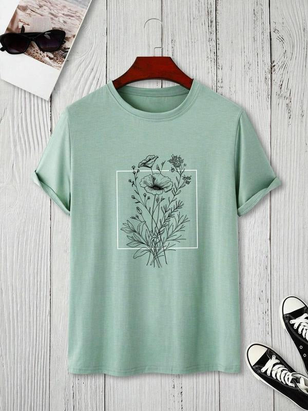 Women'WB shield Plants Print Drop Shoulder Tee, Casual Loose Round Neck Half Sleeve T-Shirt for Summer, Women'WB shield...