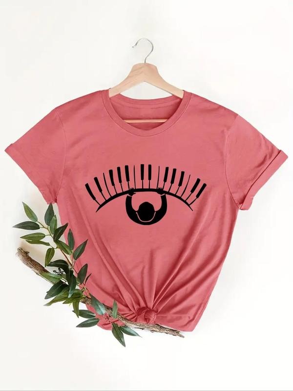 Women'WB shield Playing Piano Print Round Neck Graphic Tee, Vintage Trendy Casual Short Sleeve T-shirt for Daily Wear,...