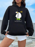 Women'WB shield Plus Size Cartoon Duck & Letter Print Drawstring Hoodie, Fashion Pocket Hooded Sweatshirt for Daily Wear,...