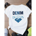 Women'WB shield Plus Size Denim & Diamonds Graphic Tee - Casual Short Sleeve T-Shirt with Stylish Letter Print, FOG...