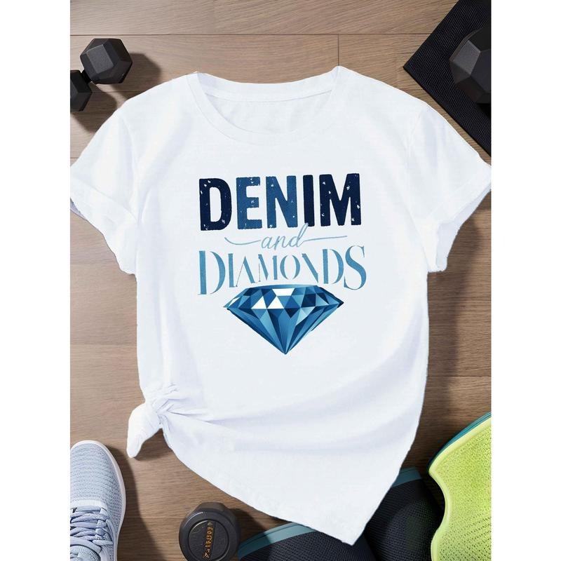 Women'WB shield Plus Size Denim & Diamonds Graphic Tee - Casual Short Sleeve T-Shirt with Stylish Letter Print, FOG...
