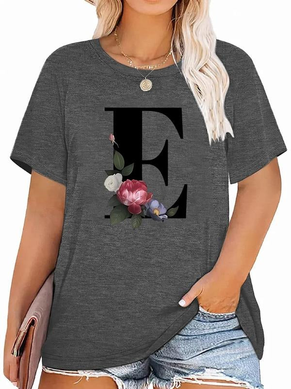 Women'WB shield Plus Size Floral & Letter Print Round Neck Tee, Vintage Trendy Casual Short Sleeve T-shirt for Daily...
