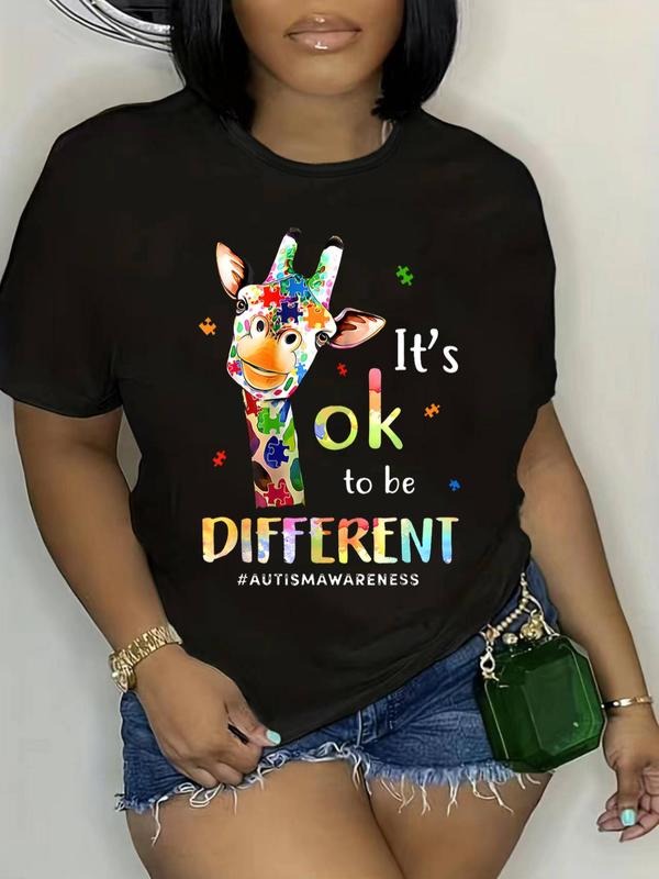 Women'WB shield Plus Size Giraffe & Slogan Print Round Neck Tee, Casual Crew Neck Short Sleeve T-Shirt, Plus Size Tops...