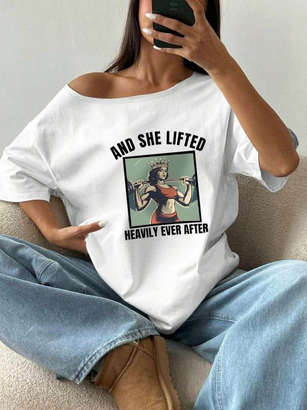Women'WB shield Pop Art & Letter Print Scoop Neck Tee, Casual Trendy Fitness Weightlifting T-shirt for Daily Wear, Ladies...