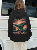 Women'WB shield Pop Art Bear & Mountain Print Hoodie, Casual Comfy Pullover Hooded Sweatshirt for Daily Wear, Ladies TNF...