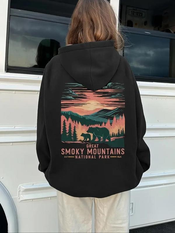 Women'WB shield Pop Art Bear & Mountain Print Hoodie, Casual Comfy Pullover Hooded Sweatshirt for Daily Wear, Ladies TNF...