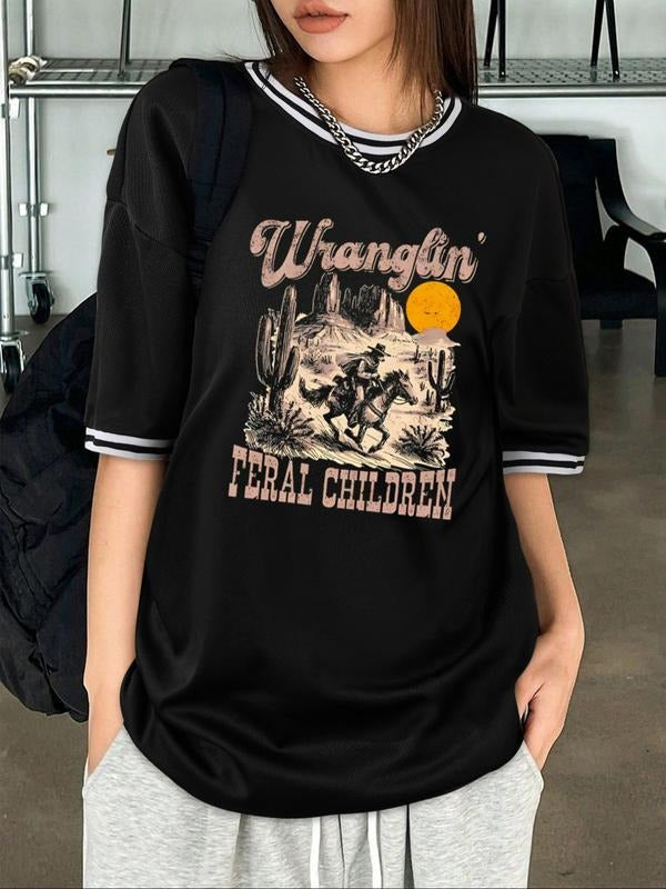 Women'WB shield Pop Art Print Round Neck Graphic Tee, Vintage Trendy Casual Letter Print Short Sleeve T-shirt for Daily...