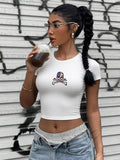 Women'WB shield Pop Art Skull Print Round Neck Crop Tee, Fashion Casual Crew Neck T-shirt for Daily Holiday Vacation...