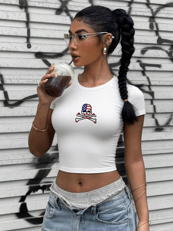 Women'WB shield Pop Art Skull Print Round Neck Crop Tee, Fashion Casual Crew Neck T-shirt for Daily Holiday Vacation...
