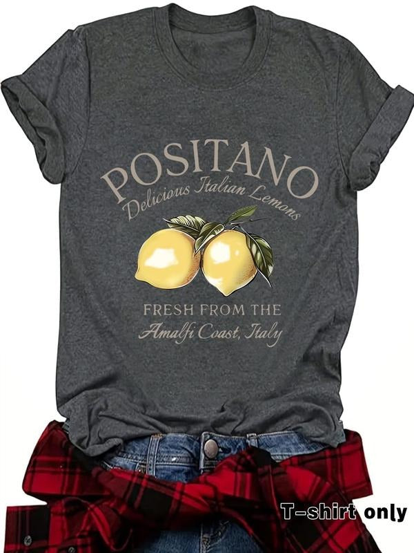 Women'WB shield Positano Lemon Print Round Neck Tee, Casual Short Sleeve Crew Neck T-Shirt for Summer, Fashion Women'WB...