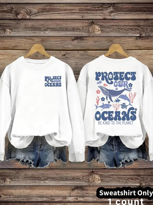 Women'WB shield Project Ocean'WB shield Shark Print Crew Neck Sweatshirt, Casual Long Sleeve Pullover for Daily Wear,...