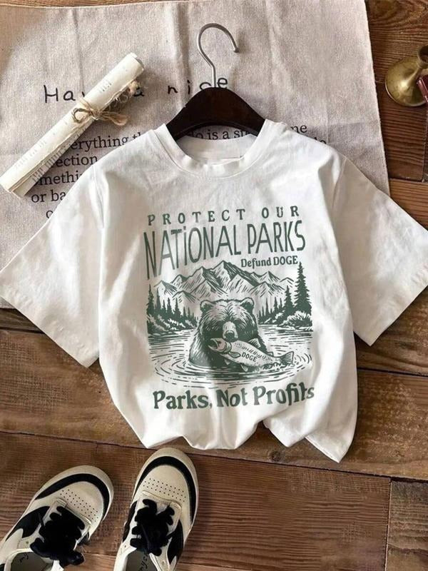 Women'WB shield Protect Our Parks Slogan Graphic Round Neck Tee, Fashion Casual Crew Neck T-Shirt for Daily Holiday...