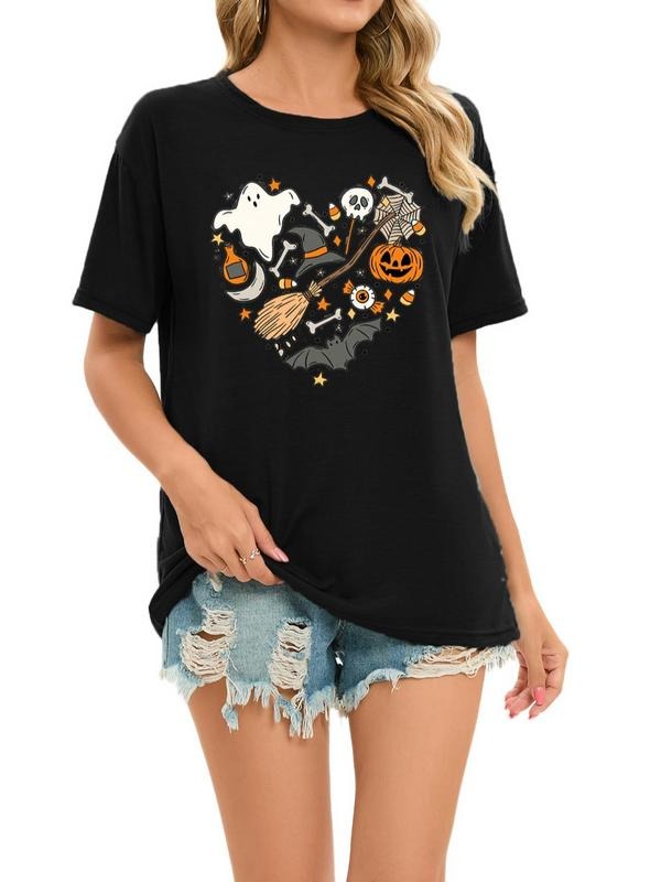 Women'WB shield Pumpkin & Ghost Print Shortsleeve Drop Shoulder Crewneck Tee, Summer TNF Women, Graphic Round Neck Short...