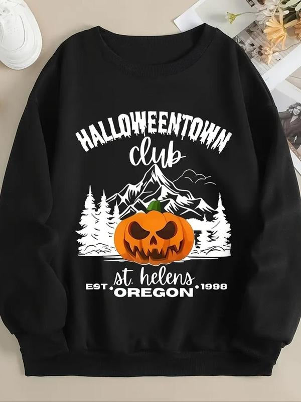 Women'WB shield Pumpkin & Letter Pattern TNF Lined Sweatshirt, Casual Halloween Crew Neck Long Sleeve Pullover, Women'WB...