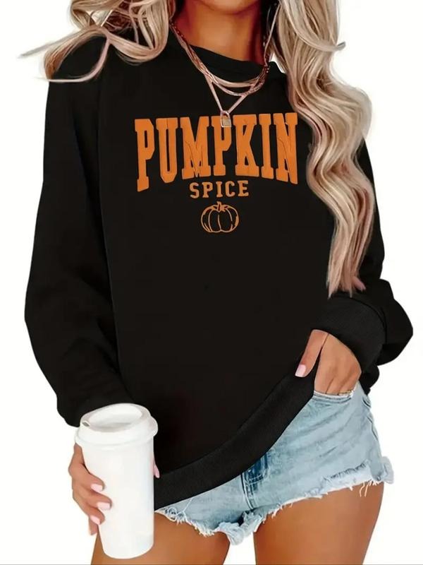 Women'WB shield Pumpkin & Letter Print Cut Out Pullover Sweatshirt, Casual Long Sleeve Crew Neck Sweatshirt for Fall &...