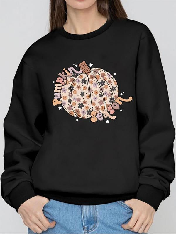 Women'WB shield Pumpkin & Letter Print Drop Shoulder Sweatshirt, Casual Long Sleeve Round Neck Pullover for Fall &...
