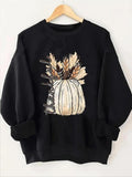 Women'WB shield Pumpkin & Letter Print Drop Shoulder Sweatshirt, Casual Long Sleeve Round Neck Pullover for Fall &...