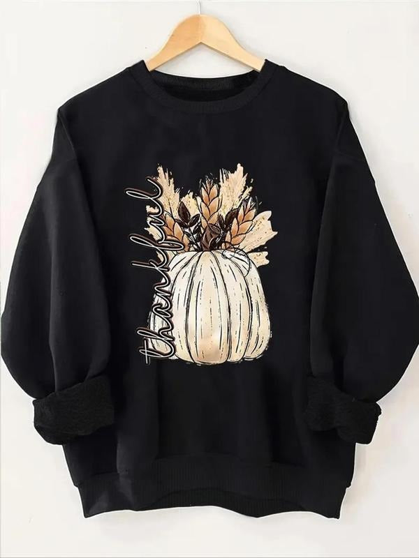 Women'WB shield Pumpkin & Letter Print Drop Shoulder Sweatshirt, Casual Long Sleeve Round Neck Pullover for Fall &...