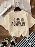 Women'WB shield Pumpkin & Letter Print Drop Shoulder Tee, Casual Short Sleeve Round Neck T-shirt for Spiky hair fighters...