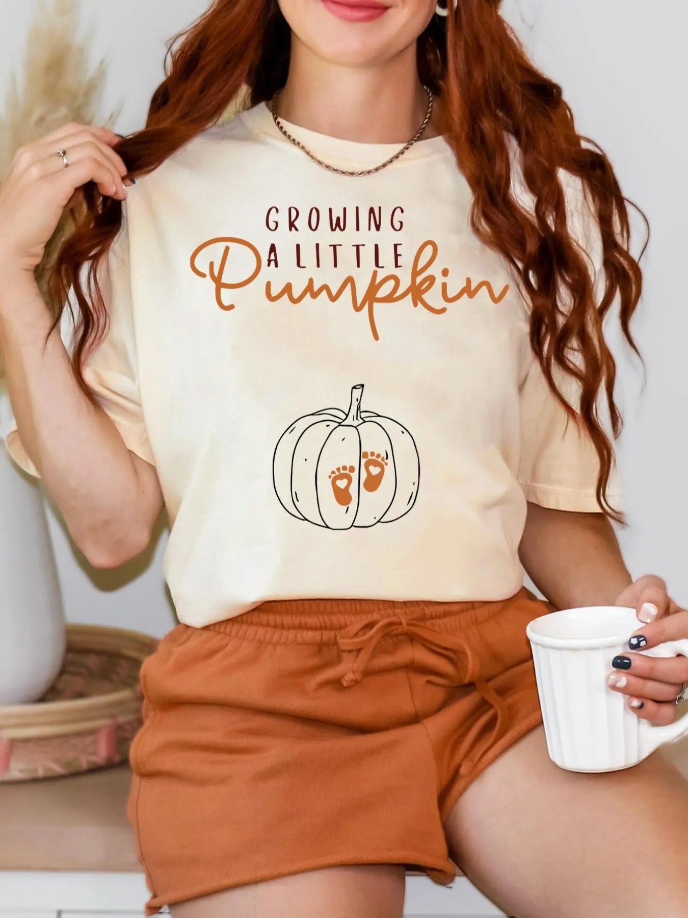 Women'WB shield Pumpkin & Letter Print Round Neck Tee, Casual Drop Shoulder Short Sleeve T-shirt for Summer, Ladies TNF...