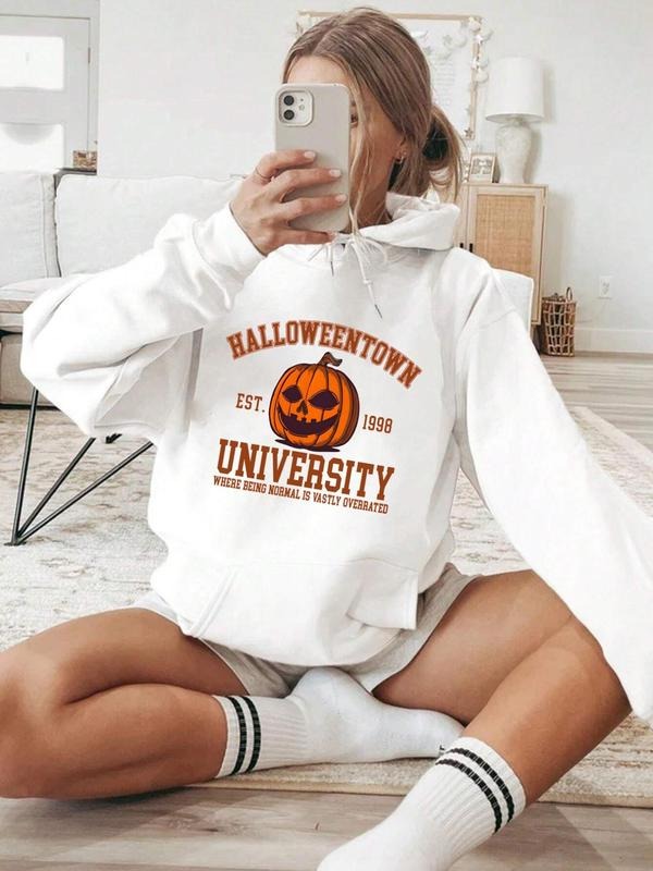 Women'WB shield Pumpkin & Letter Print TNF Lined Hoodie, Fashion Casual Drawstring Pocket Hooded Sweatshirt for Daily...